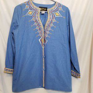 Vintage Tunic Blouse Bob Mackie Wearable Art Pullover Embroidered Blue Decor